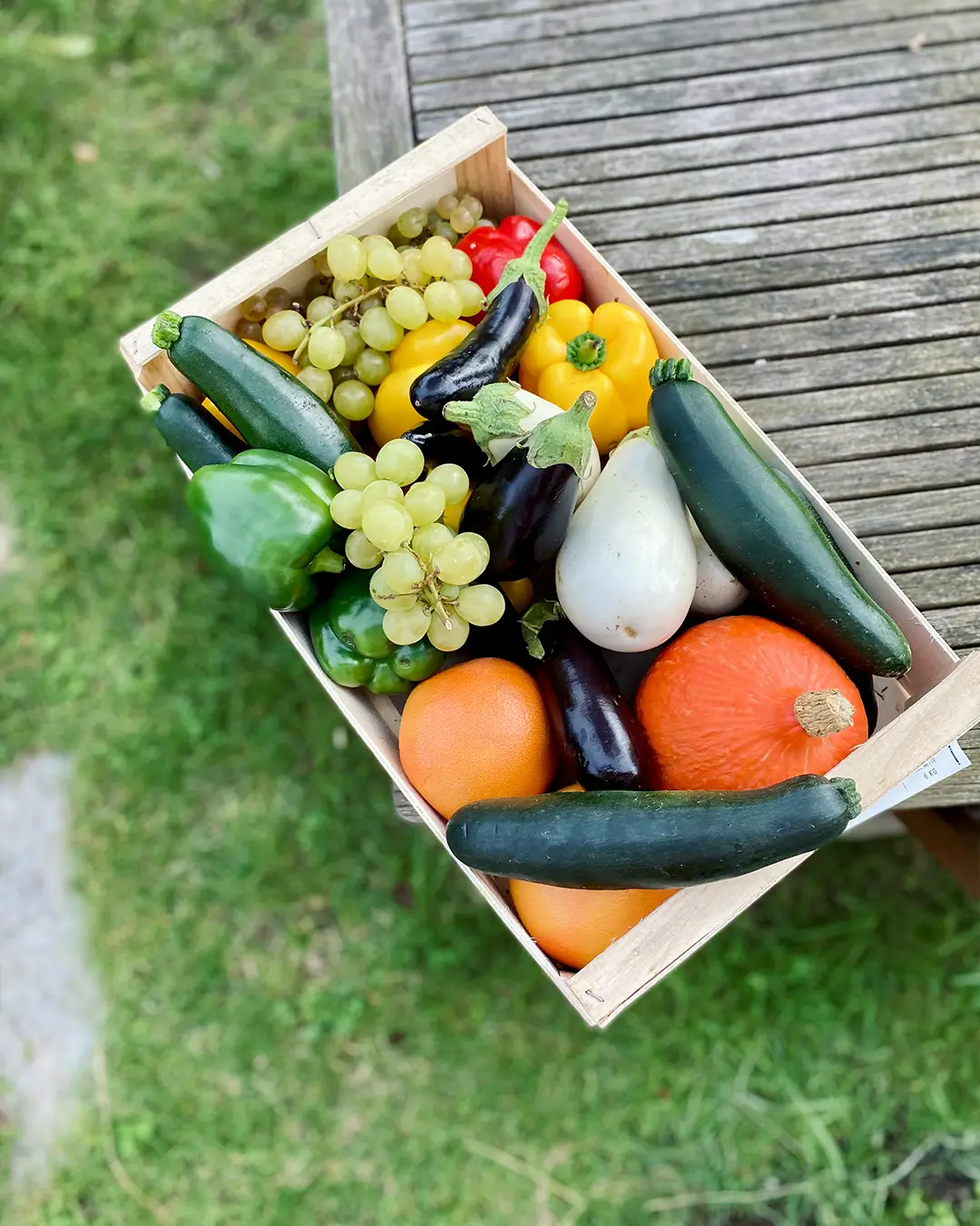Panier de légumes bio Panier de légumes bio de saison avec courgettes, tomates et carottes